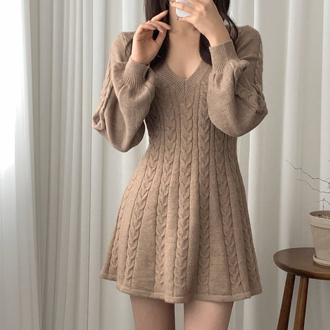 Sonicelife V Neck Elegant Knitted Dress Women Sexy Slim Lantern Sleeve Sweet Mini Dress Korean Fashion Casual Female A Line Dress Fall
