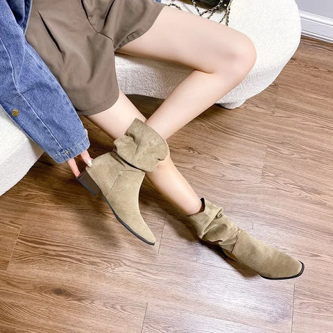 Sonicelife Knight  Women's 2025  Thick Heels Spring, Autumn, and Winter High Barrel and Thin Retro Slim Wrinkle Stacked Long Boots