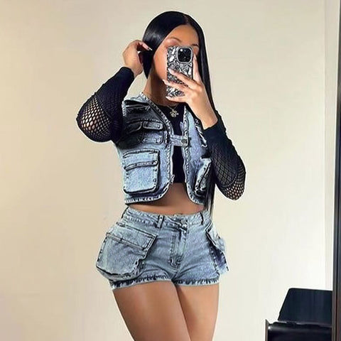 Sonicelife Fashion Women 2 Piece Wash Denim Multi Pockets Vest Tops Cargo Shorts Sets Denim Shorts Jeans Hiphop Punk Lady Two Piece Outfits