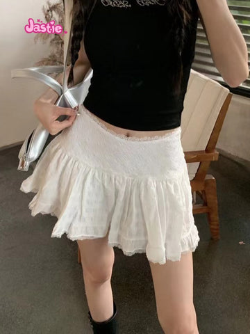 Sonicelife 2025 Summer Lace Trim White Sweet Mini Skirts A-line High Waist Folds Short Faldas Woman Casual Cute Preppy Style Y2k Skirt