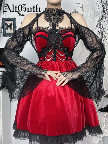 Sonicelife Vintage Gothic Lace Smock Women Sexy Streetwear Aesthetic Dark Punk Y2k Alt See Through Flare Sleeve Crop Blouse Female