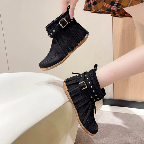 Sonicelife Vintage Women Boots Suede Ankle Boots Fringe Women Shoes Winter Boots Women Side Zipper Casual Shoes Round Toe Ladies Snow Boot