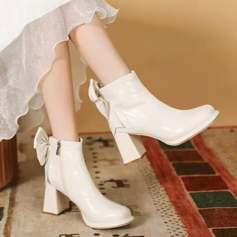 Sonicelife 2025  New Round Toe Square Heel Bow Decoration Fashion Women's Shoes Elegant Wear-resistant Casual Comfortable Short Boots
