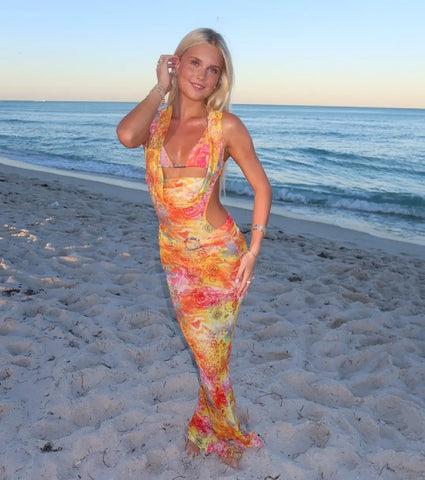 Sonicelife Sexy V Neck Printed Sleeveless Pleated Long Dress Chic Hollow Out Slim Fit Off-the-shoulder Gown New Lady Beach Party Vestidos