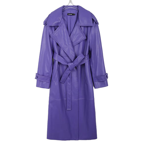 christmas outfit Sonicelife Spring Long Waterproof Soft Purple Pu Leather Trench Coat for Women Sashes Luxury Elegant Leather Overcoat 2025