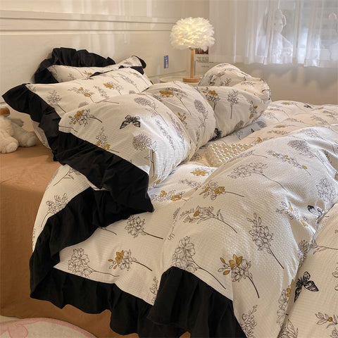 Sonicelife Ins French Style Girls Heart Lace Bedding Set Bubble Wash Cotton Quilt Cover With Pillowcases Bed Sheet Set 4pcs