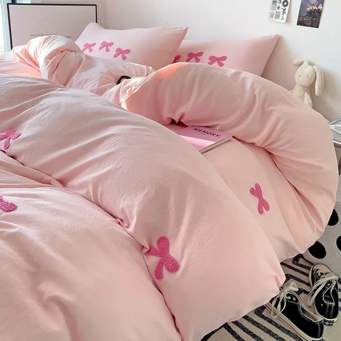 Sonicelife Ins Pink Bedding Set with Bow Embroidery Korean Soft Duvet Cover Flat Sheet Pillowcases Girls Gift Fashion Comforter Cover Set