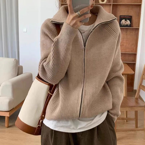 Sonicelife Vintage Zipper Women Cardigan Sweaters Korean Casual Long Sleeve Lazy Wind Knitted Coat Fall Retro Turn Down Collar Tops