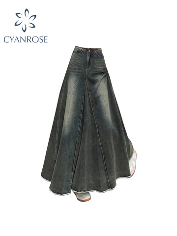 christmas outfit Sonicelife Women Blue Y2k A-line Jeans Skirt Elegant Harajuku Long Denim Skirts Streetwear 90s Aesthetic Vintage Cowboy Skirt 2000s Clothes