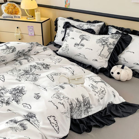Sonicelife Ink Style A-class Skin Friendly Washed Cotton Four Piece Set With Lotus Leaf Lace Bedding, Bedsheet, Duvet Cover, Single Bed