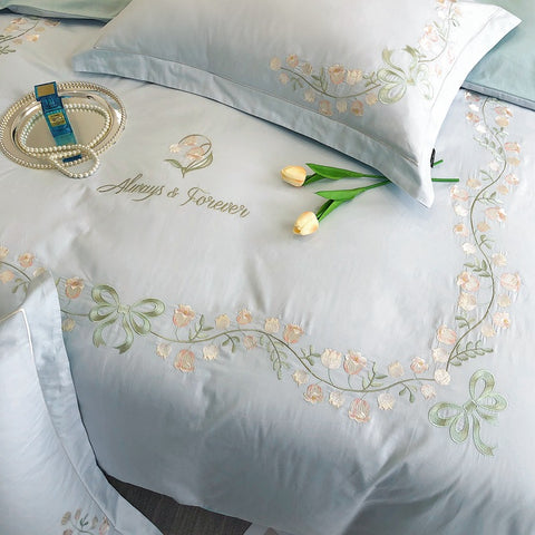 Sonicelife New High-End Simple and Light Luxury Skin-Friendly Cotton Four-Piece Set Simple Embroidery Bedding Lily