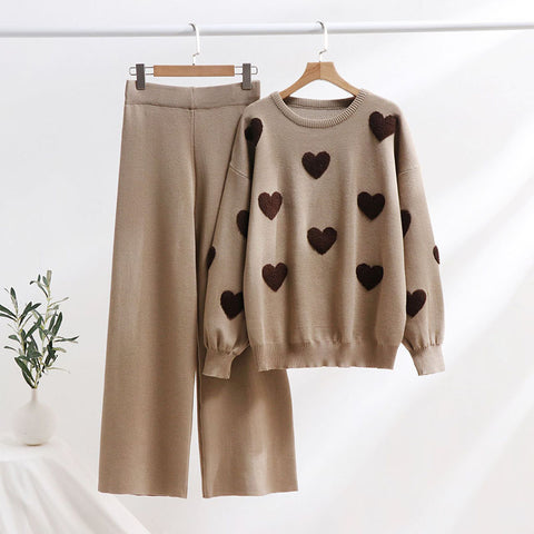 Sonicelife Heart Printed Knitted Sweater Pants Sets Women Long Sleeve Oversize Pullover High Waist Wide Leg Trousers Suits 2 Pieces Outfits