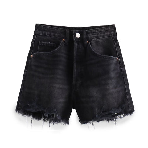 Sonicelife Women's New Shorts Fashionable Perforated Decoration High Waist Mini Ragged Edge Denim Shorts