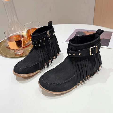 Sonicelife Vintage Women Boots Suede Ankle Boots Fringe Women Shoes Winter Boots Women Side Zipper Casual Shoes Round Toe Ladies Snow Boot