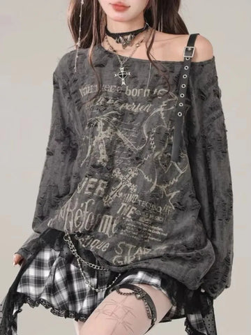 Sonicelife Women Y2k Gothic Grunge Dark Hollow Out T Shirt Spring Harajuku Hollow Out Off Shoulder Sexy Tees Autumn Punk Letter Print Tops