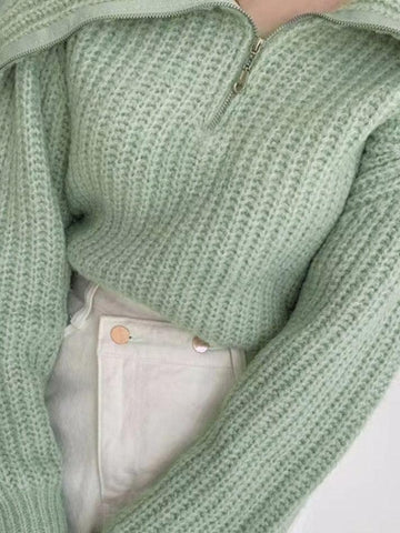 Sonicelife-Solid Big Lapel Neck Half Zip Sweater
