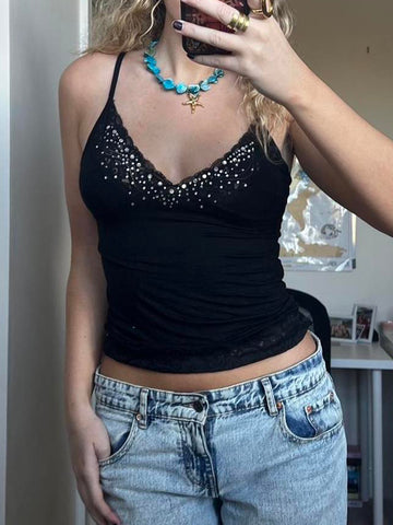 Sonicelife Streetwear Mall Goth Camis Women Y2k E-girl Diamond Printed Lace Patchwork V-neck Crop Tank Tops Grunge Indie Clothes