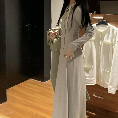 Sonicelife Elegant Hooded Long Sleeve Dresses Women Autumn Winter Fashion Slim Knitted Solid Dresses Korean Casual All Match Long Vestidos