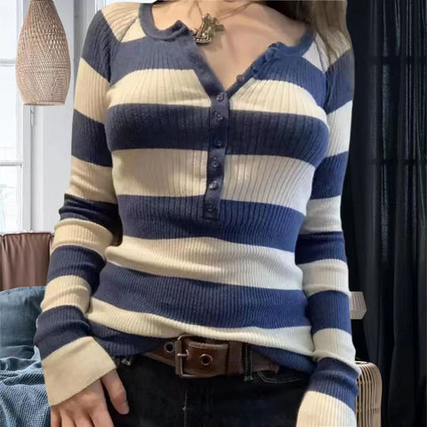 Sonicelife Striped Button Up Ribbed Knit Top