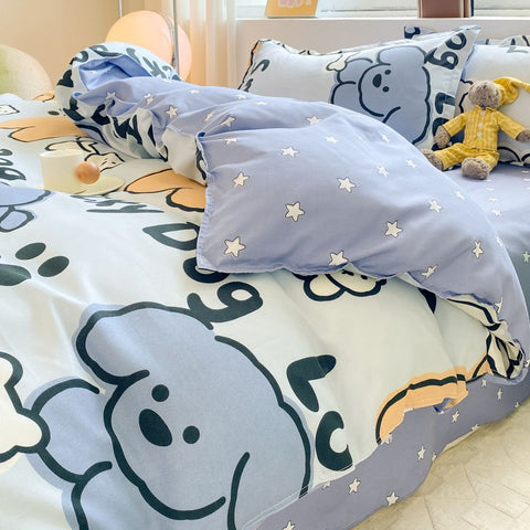 Sonicelife Cute Dog Bedding Set New Design Girls Ins Duvet Cover with Zipper No Filler Flat Sheet Pillowcase Queen Size Bed Linens