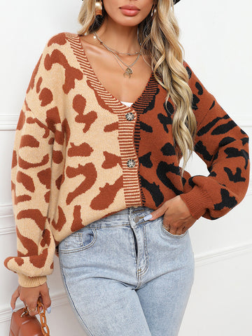 christmas outfit Sonicelife Long Sleeves Loose Buttoned Leopard Split-Joint V-Neck Cardigan Tops