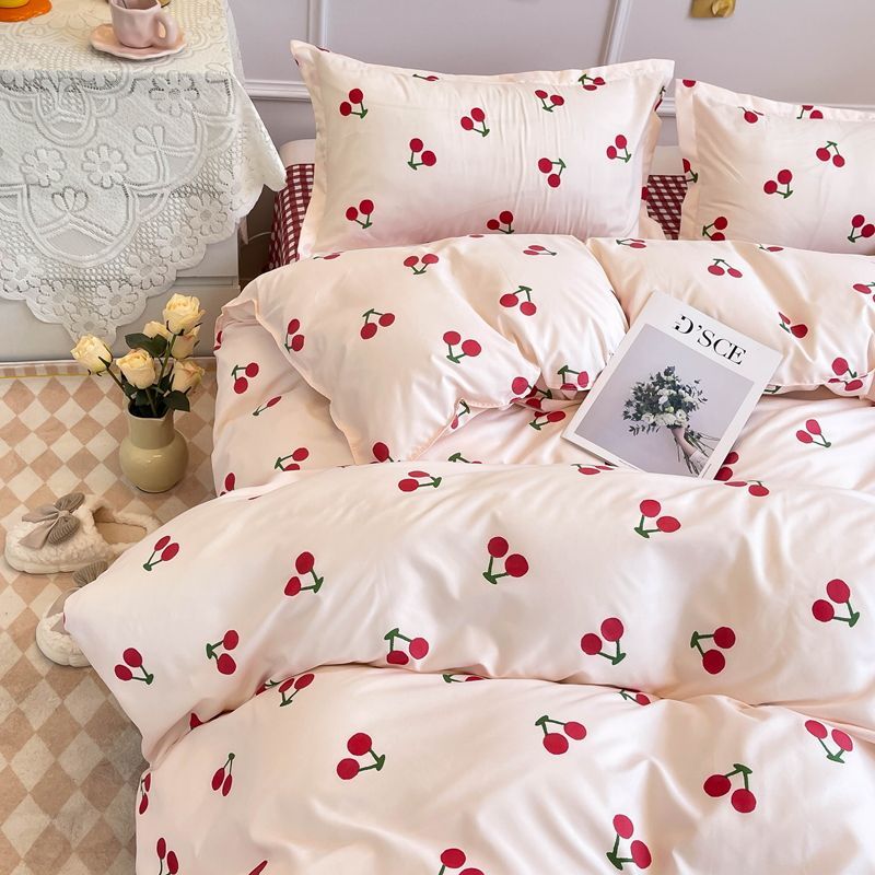 Sonicelife Korean Style Bedding Set Twin Queen Size Cute Cream Cherry Duvet Cover Flat Sheet Pillowcase Polyester Boys Girls Bed Linen