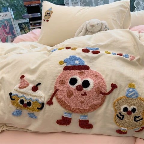 Sonicelife Korean Ins Dopamine Rainbow Embroidered Washed Cotton Bedding set Duvet Cover Home Luxury No Filling Bedding Set Bed Sheets