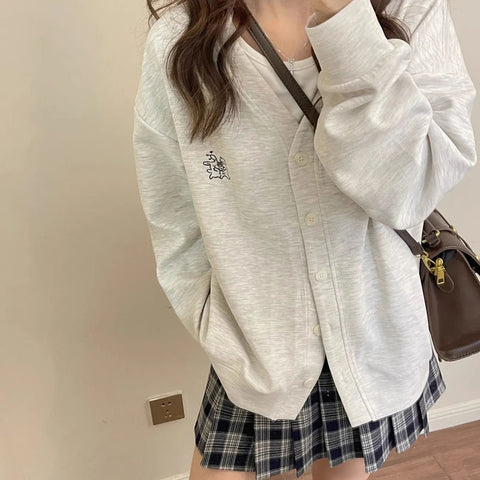 Sonicelife Sweet V Neck Coat Women Gray Chic Preppy Style Autumn Button Cardigan Jacket Korean Loose All Match Embroidered Cute Tops New