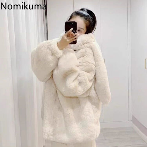 Sonicelife Winter Oversized Warm White Faux Fur Coats Women Clothes Bunny Ears Kawaii Sweet Cute Japanese Y2k Tops Fluffy Jacket Hoodie