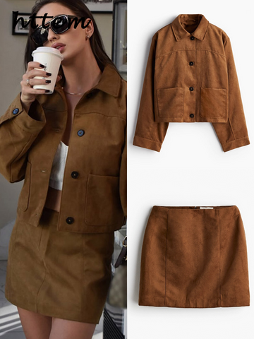 Sonicelife Vintage Short Suede Jacket Mini Skirt Set Women Lapel Single Breasted Crop Coat A-line Skirts 2024 Autumn Lady Commute Outfit