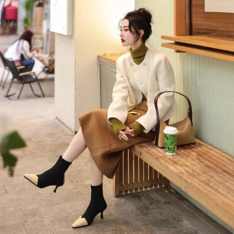 thanksgiving outfit Sonicelife Fashionable High-End Tweed Style Women's Sweater Skirt Leather Jacket Suit New Arrival Autumn 2024 Elegant and Stylish