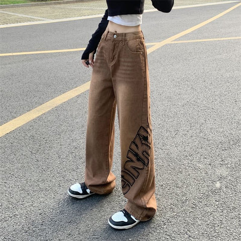 Sonicelife Vintage Y2k Letter Brown Jeans Women Streetwear High Waist American Denim Pants Loose Hip Hop Harajuku Bf Retro Trousers