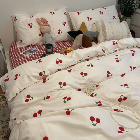 Sonicelife Cute Rabbit Bedding Set Ins Style Floral Duvet Cover No Filler Pillowcases Flat Sheet Single Full Size Girls Bed Linens