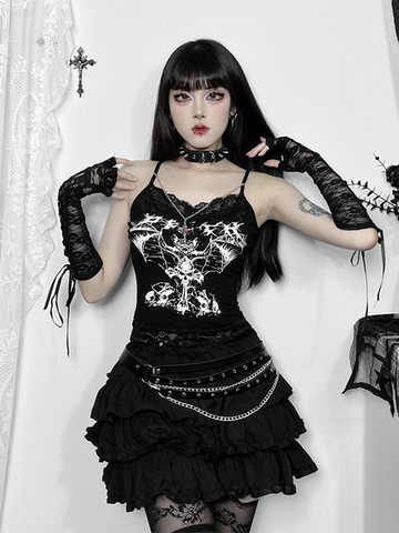 Sonicelife Gothic Punk Camis Women Streetwear Harajuku Y2k Grunge Graphic Bat Printed Lace Patchwork Crop Tank Top with Chain Femme