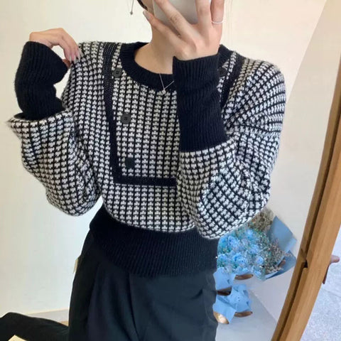 Sonicelife Houndstooth Vintage Sweaters Women Long Sleeve Casual Patchwork Knitted Jumpers Korean Loose O Neck Retro Buttons Pullovers