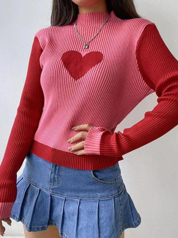 Sonicelife-Knit Heart Print Slim Sweater