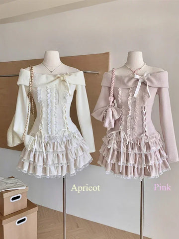 Sonicelife Autumn Winter New Two Piece Set Kawaii Bow Off Shoulder Long Sleeve Tops + 2yk High Waist Ruched Cake Skirt Japanese Pink Suits