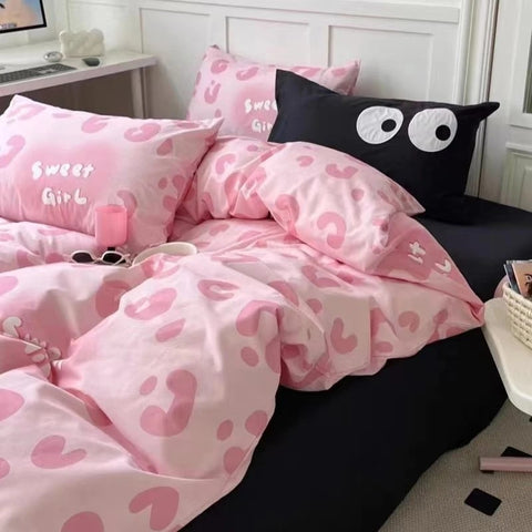 Sonicelife Korean Style Pink Letter Bedding Set Flat Bed Sheet Pillowcase Twin Full Queen Size Bed Linen Women Girls Duvet Cover No Filling