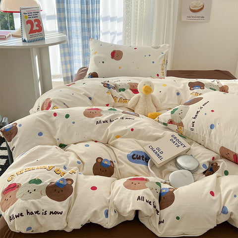 Sonicelife Ins Korean Cartoon Little Bear Cute Bedding Set Autumn Winter Polyester Bed Sheet Pillowcase Twin Full Queen Size Quilt Cover