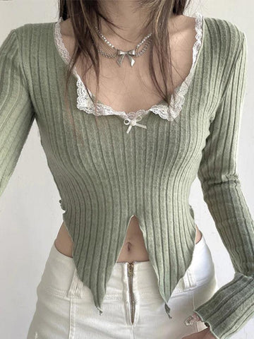 Sonicelife-Lace Trim Notch Neck Irregular Cropped Long Sleeve Knit