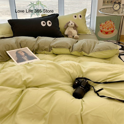 Sonicelife Ins Big Eye Cream Purple Solid Color Bedding Set Girls Boys Double Size Flat Sheet Duvet Cover Pillowcase Bed Linen Home Textile