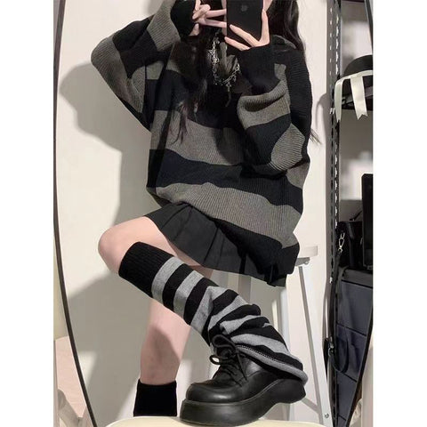 Sonicelife Streetwear Striped Sweater Women Oversized Knitted Pullovers Harajuku Korean Loose Knitwear Winter Fashion Casual Jumpers New