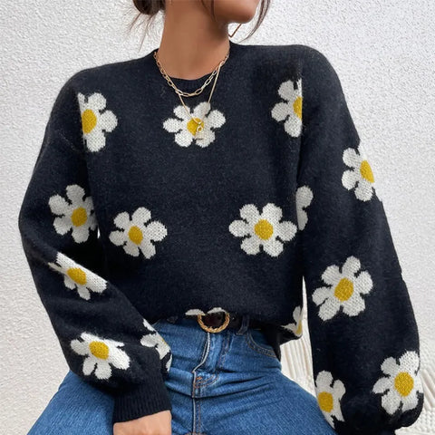 christmas outfit Sonicelife Autumn Winter New College Style Flower Knitted Coat Loose Fashion Round Neck Pullover Print Long Sleeve Sweater Women's Tops