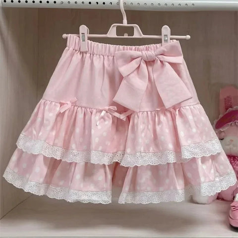 Sonicelife Japanese Sweet Pink Lolita Style Ruffles Cake Mini Skirt Women Polka Dot Print Short Skirt Girls Korean Kawaii Lace Bow Skirt