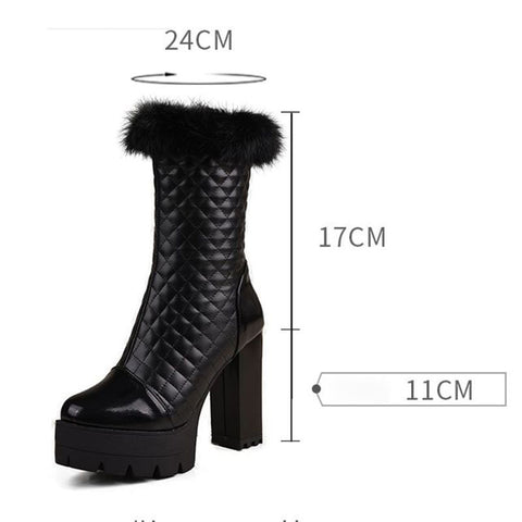 thanksgiving outfit Sonicelife Women Knight Boots Round Toe Block Heels 11cm Platform Hill Fur Mid Calf Bota Size 47 48