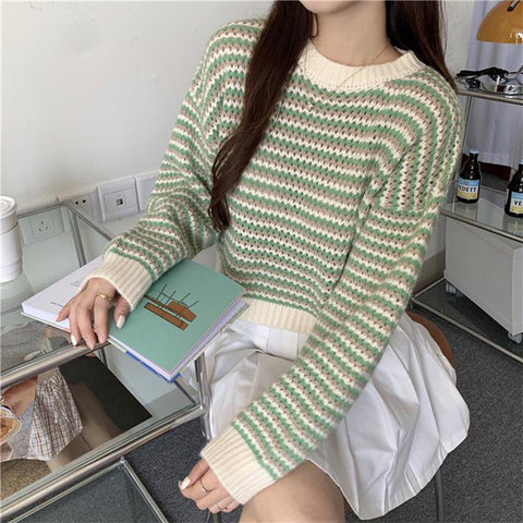 Black Friday Sonicelife Korean Striped Sweater Women Loose Lazy Fall Winter O-Neck Knitted Pullover Harajuku Sweet Pretty Style School Jumpers Tops