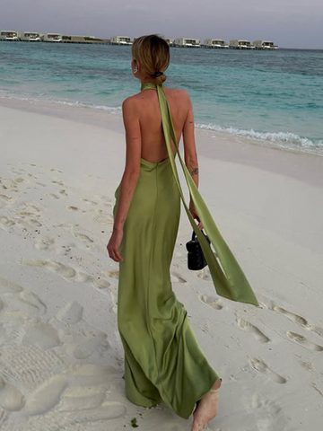 Sonicelife Elegant Green Satin Sleeveless Maxi Dress Chic Stand Neck Lace Up Backless Dresses New Female Summer Vacation Beach Vestido 2025