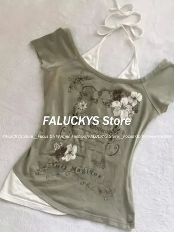 Sonicelife 2025 Summer Sexy One Shoulder Design Y2k Vintage T-Shirts Women Streetwear 2000s Casual Print Tees Korean Fashion Punk Crop Tops