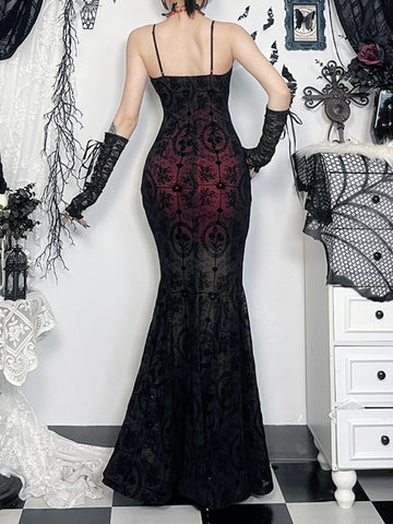 Sonicelife Vintage Dark Gothic Dress Women Sexy Streetwear Elegant Aesthetic Y2k Emo Spaghetti Strap Cross Flocking Dress Clubwear