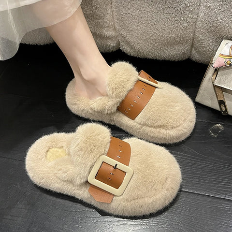 Sonicelife Shoes Slippers Casual Slides Slipers Women Winter Footwear Cover Toe Fur Flip Flops Platform Luxury 2024 Plush Winter Woman Slip